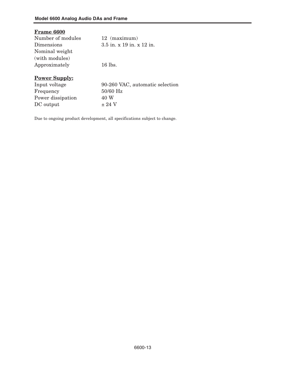 Ensemble Designs 6600 Series Analog Audio DAs and Frame Models 6601, 6601R and Frame 6600 User Manual | Page 13 / 16