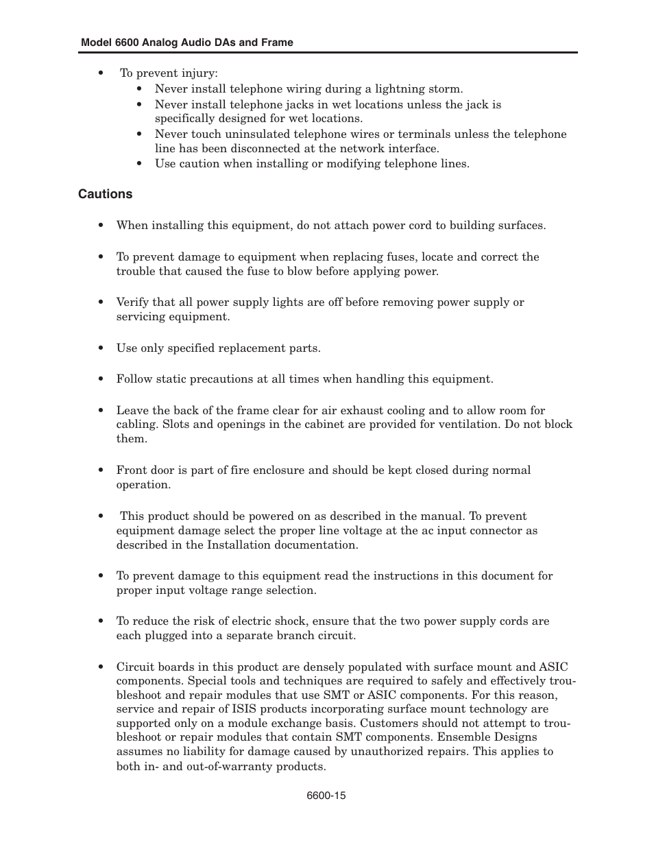 Ensemble Designs 6600 Series Analog Audio DAs and Frame Models 6601, 6601R and Frame 6600 User Manual | Page 15 / 16