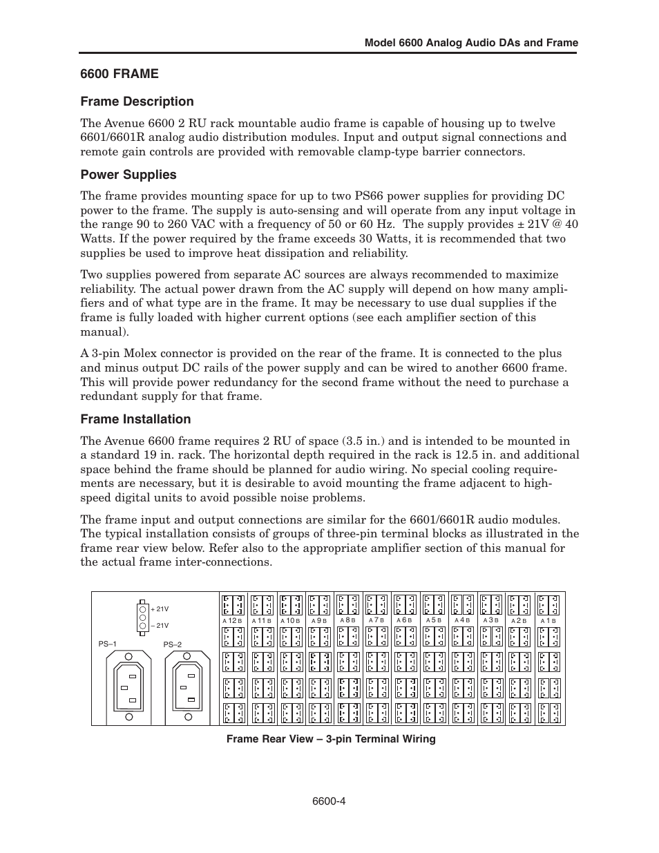 6600 frame frame description, Power supplies, Frame installation | Frame rear view – 3-pin terminal wiring | Ensemble Designs 6600 Series Analog Audio DAs and Frame Models 6601, 6601R and Frame 6600 User Manual | Page 4 / 16