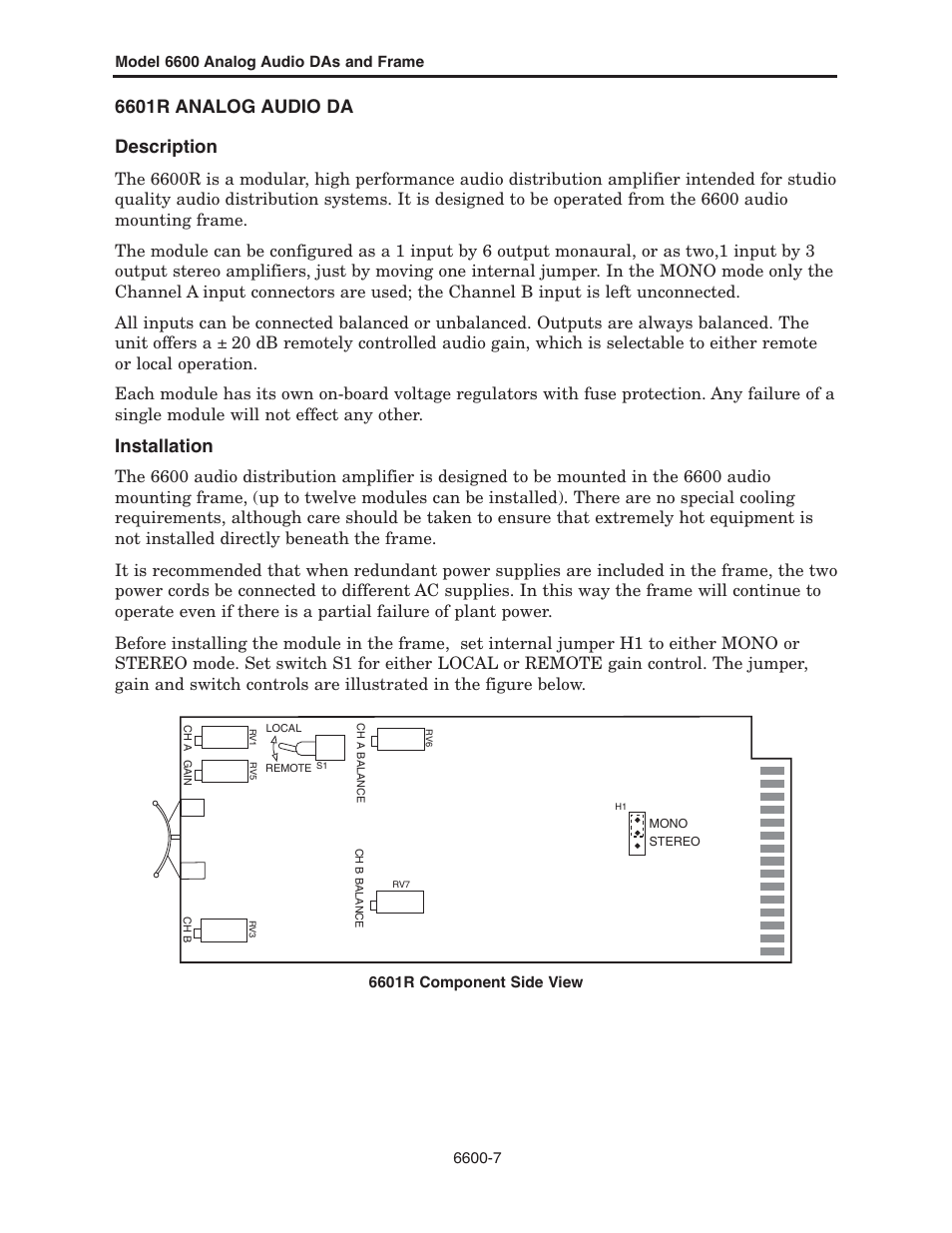 6601r analog audio da description, Installation | Ensemble Designs 6600 Series Analog Audio DAs and Frame Models 6601, 6601R and Frame 6600 User Manual | Page 7 / 16