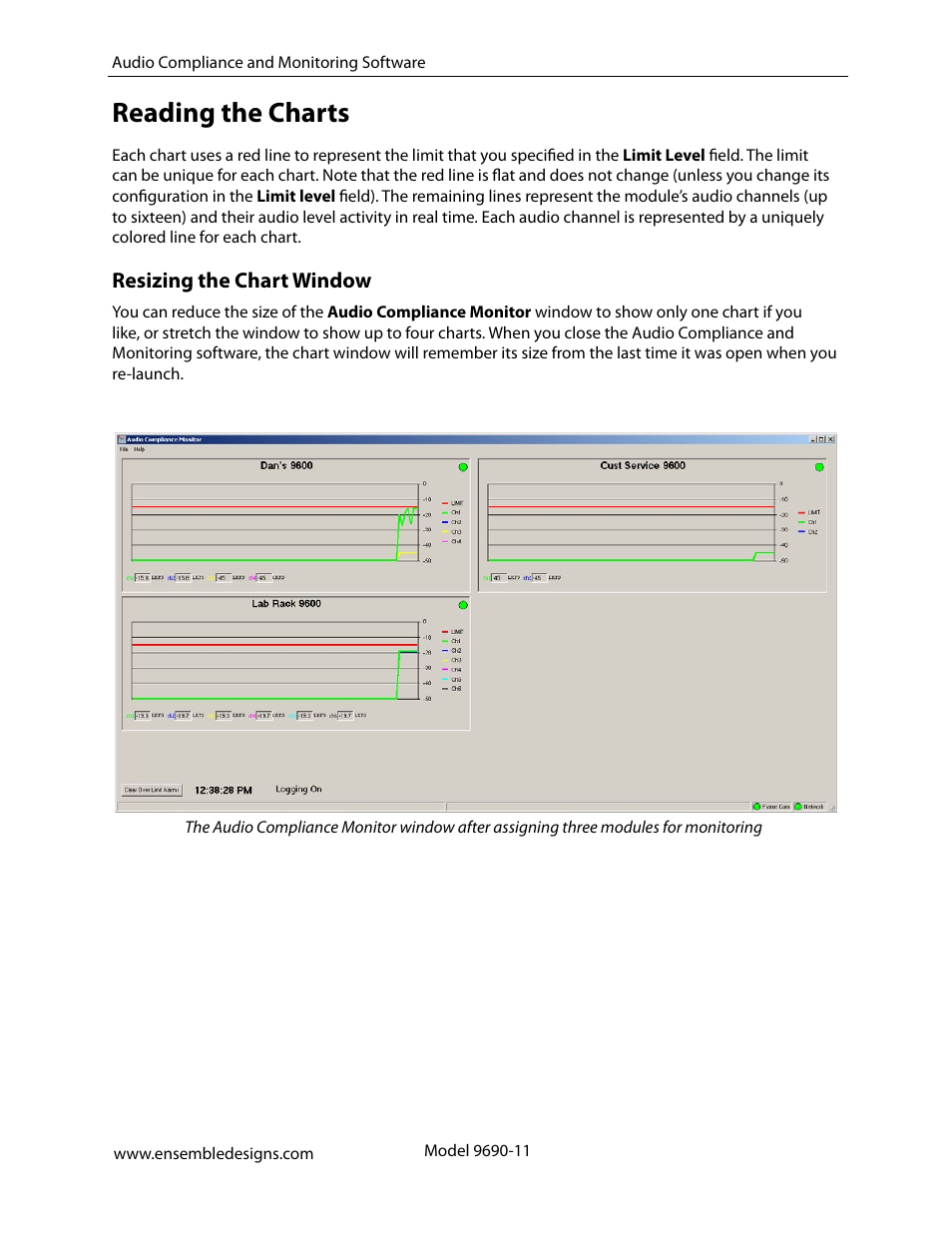 Reading the charts, Resizing the chart window | Ensemble Designs 9670 Audio Automatic Gain and Loudness Control and 9690 Audio Compliance and Monitoring Software User Manual | Page 11 / 18