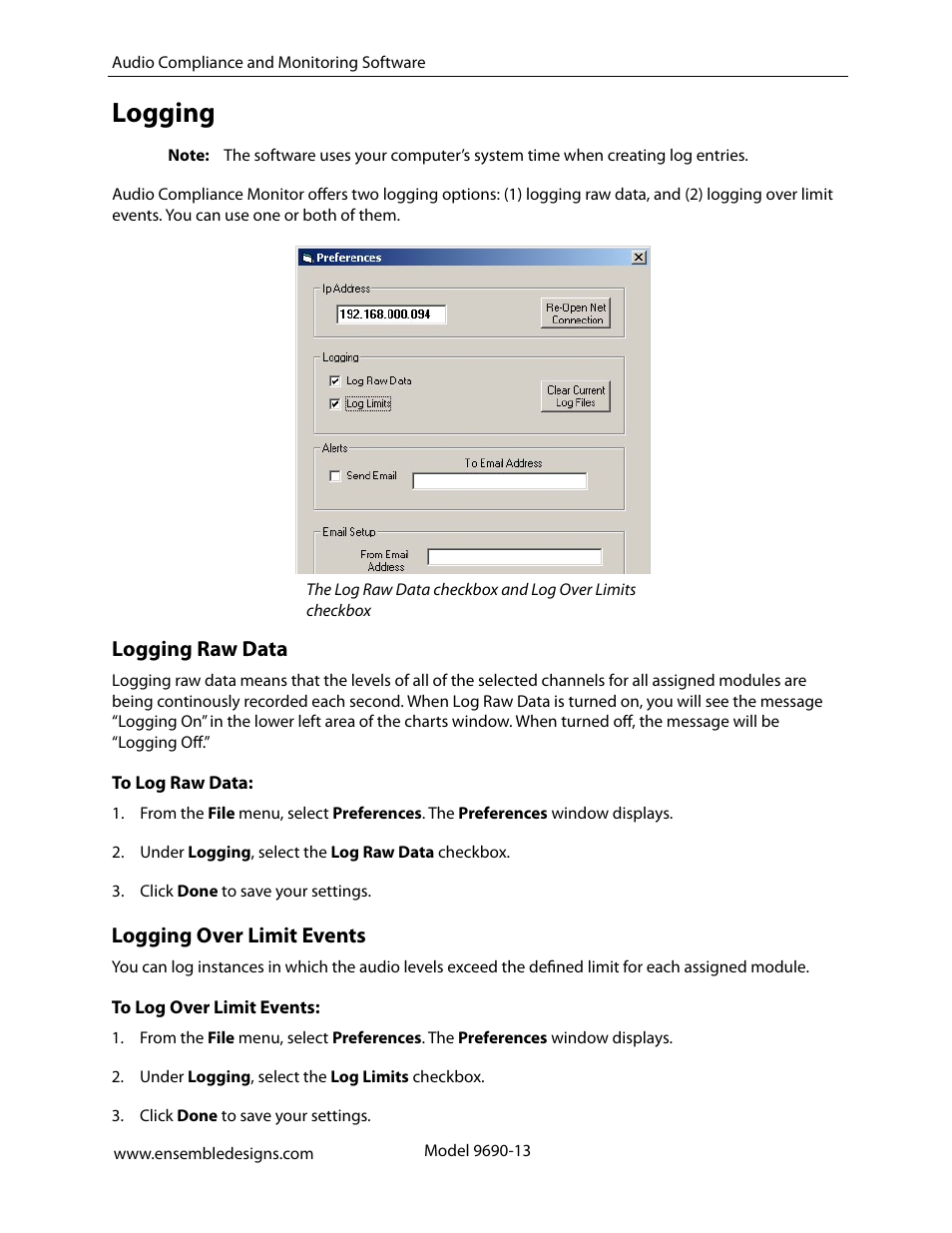 Logging, Logging raw data, Logging over limit events | Logging 13 | Ensemble Designs 9670 Audio Automatic Gain and Loudness Control and 9690 Audio Compliance and Monitoring Software User Manual | Page 13 / 18