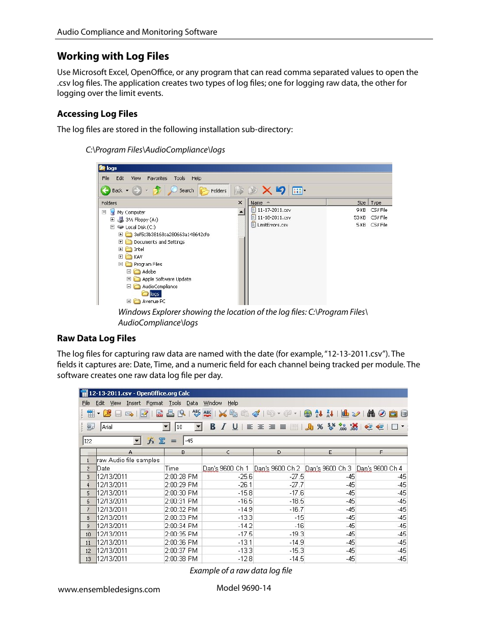 Working with log files | Ensemble Designs 9670 Audio Automatic Gain and Loudness Control and 9690 Audio Compliance and Monitoring Software User Manual | Page 14 / 18