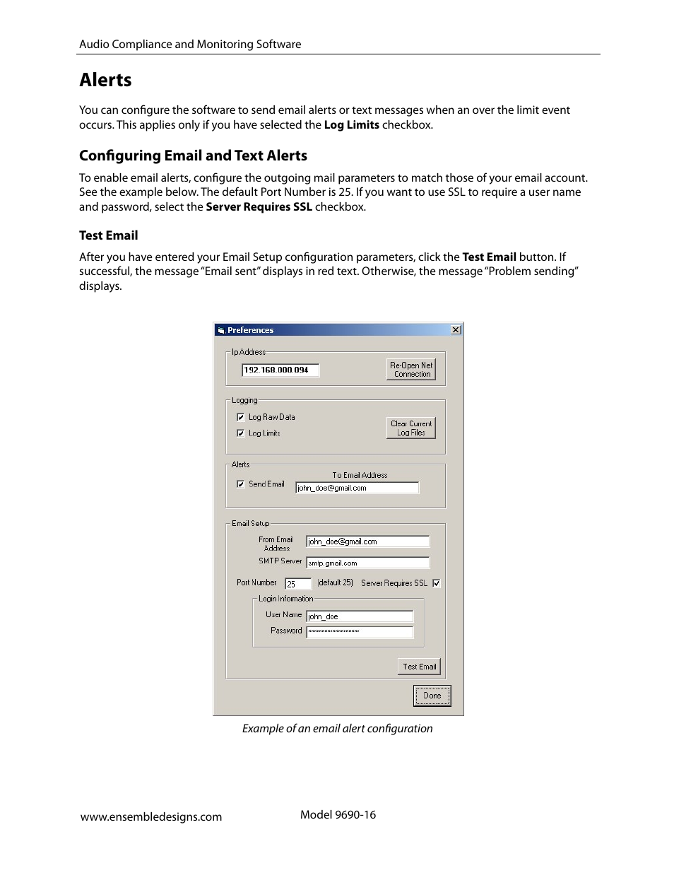 Alerts, Configuring email and text alerts, Alerts 16 | Ensemble Designs 9670 Audio Automatic Gain and Loudness Control and 9690 Audio Compliance and Monitoring Software User Manual | Page 16 / 18