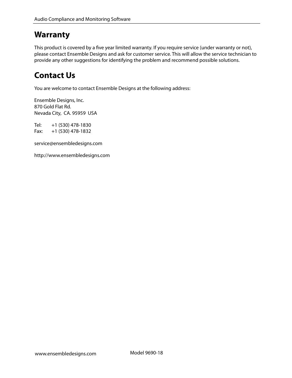 Warranty, Contact us, Warranty 18 contact us | Ensemble Designs 9670 Audio Automatic Gain and Loudness Control and 9690 Audio Compliance and Monitoring Software User Manual | Page 18 / 18