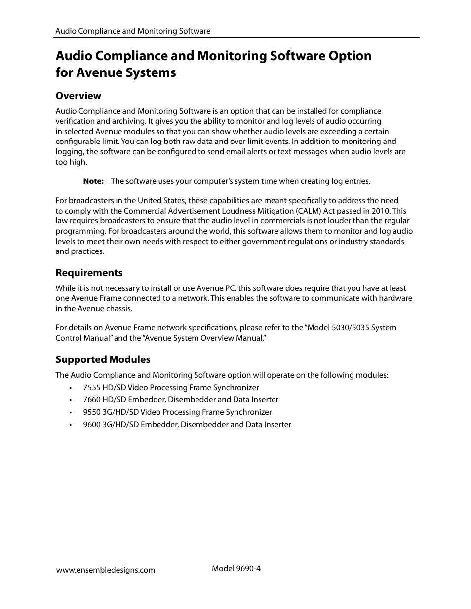 Overview, Requirements, Supported modules | Overview 4, Requirements 4 | Ensemble Designs 9670 Audio Automatic Gain and Loudness Control and 9690 Audio Compliance and Monitoring Software User Manual | Page 4 / 18