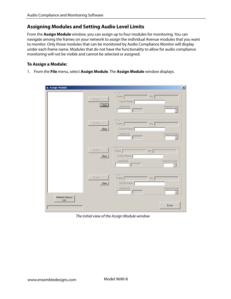 Assigning modules and setting audio level limits | Ensemble Designs 9670 Audio Automatic Gain and Loudness Control and 9690 Audio Compliance and Monitoring Software User Manual | Page 8 / 18