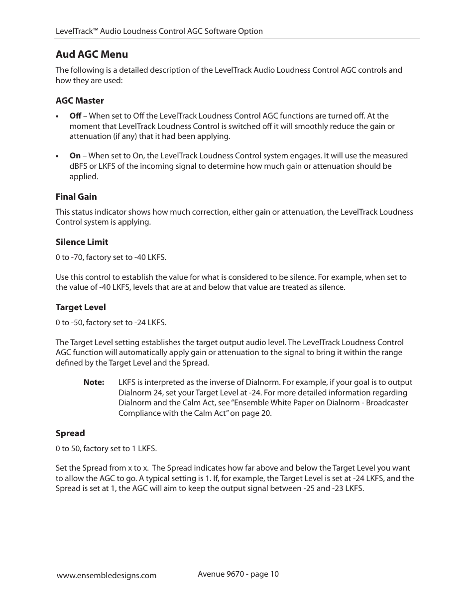 Aud agc menu, Agc master, Final gain | Silence limit, Target level, Spread, Spread 10 | Ensemble Designs 9670 Audio Automatic Gain and Loudness Control and 9690 Audio Compliance and Monitoring Software User Manual | Page 10 / 32
