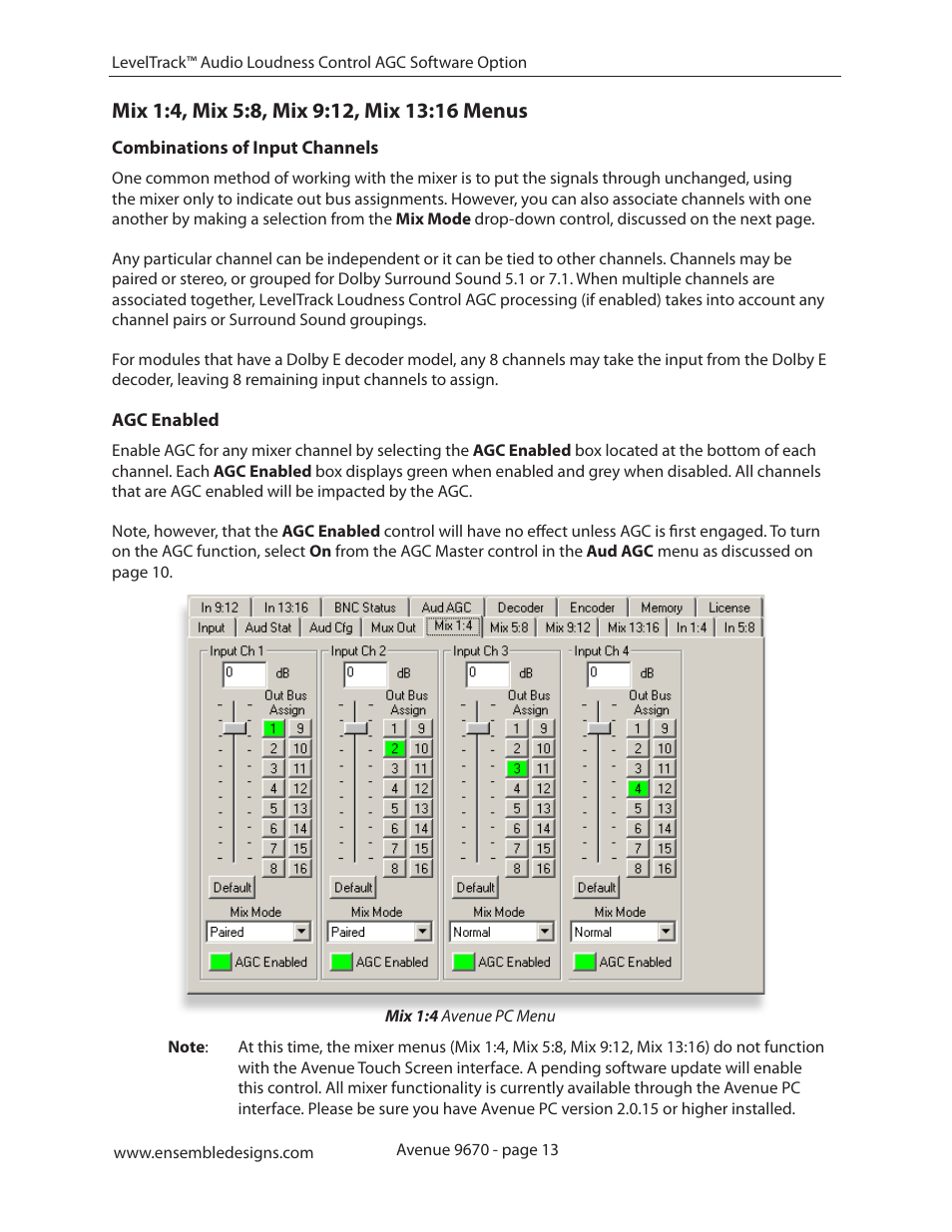 Mix 1:4, mix 5:8, mix 9:12, mix 13:16 menus, Combinations of input channels, Agc enabled | Ensemble Designs 9670 Audio Automatic Gain and Loudness Control and 9690 Audio Compliance and Monitoring Software User Manual | Page 13 / 32