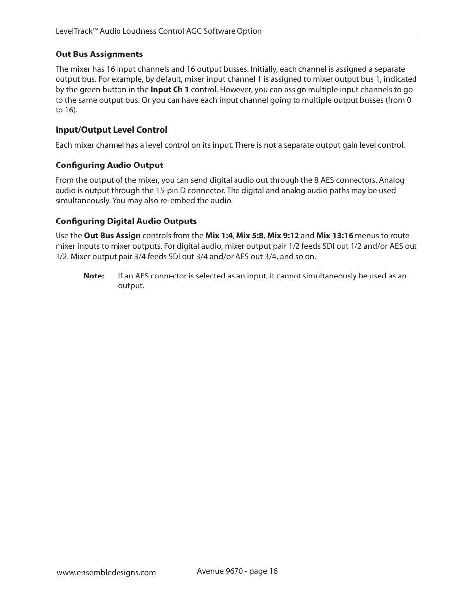 Out bus assignments, Input/output level control, Configuring audio output | Configuring digital audio outputs | Ensemble Designs 9670 Audio Automatic Gain and Loudness Control and 9690 Audio Compliance and Monitoring Software User Manual | Page 16 / 32