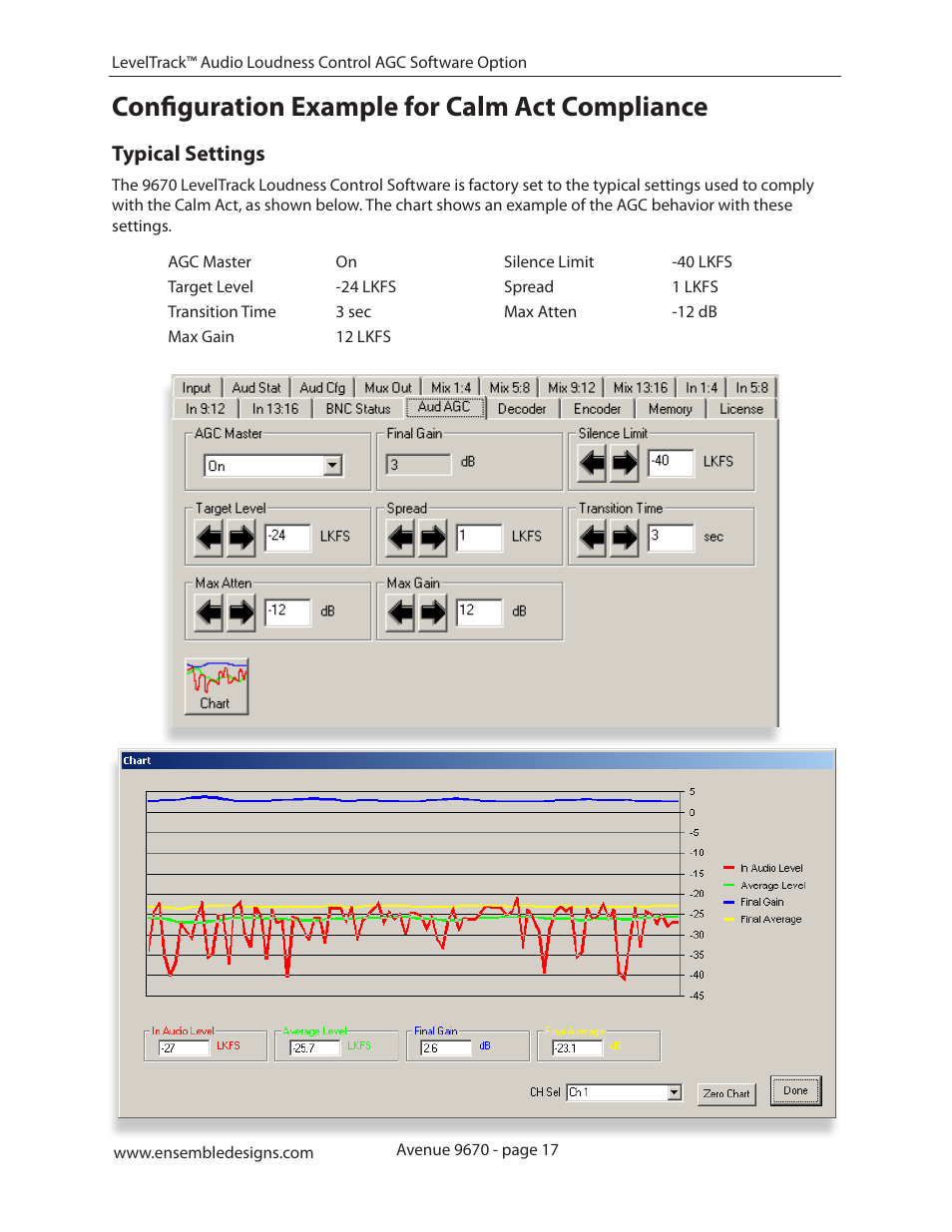 Configuration example for calm act compliance, Typical settings | Ensemble Designs 9670 Audio Automatic Gain and Loudness Control and 9690 Audio Compliance and Monitoring Software User Manual | Page 17 / 32