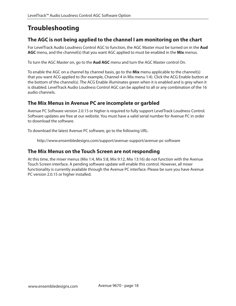 Troubleshooting, Troubleshooting 18 | Ensemble Designs 9670 Audio Automatic Gain and Loudness Control and 9690 Audio Compliance and Monitoring Software User Manual | Page 18 / 32