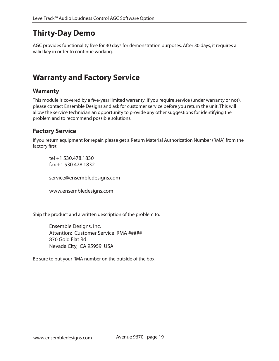 Thirty-day demo, Warranty and factory service, Warranty | Factory service, Warranty 19 | Ensemble Designs 9670 Audio Automatic Gain and Loudness Control and 9690 Audio Compliance and Monitoring Software User Manual | Page 19 / 32