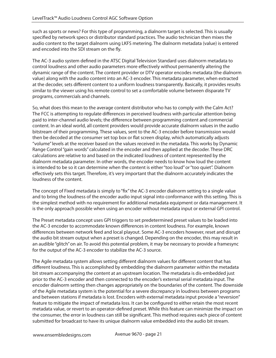 Ensemble Designs 9670 Audio Automatic Gain and Loudness Control and 9690 Audio Compliance and Monitoring Software User Manual | Page 21 / 32
