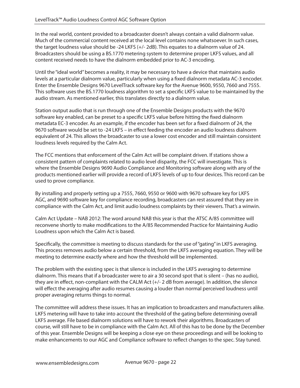 Ensemble Designs 9670 Audio Automatic Gain and Loudness Control and 9690 Audio Compliance and Monitoring Software User Manual | Page 22 / 32