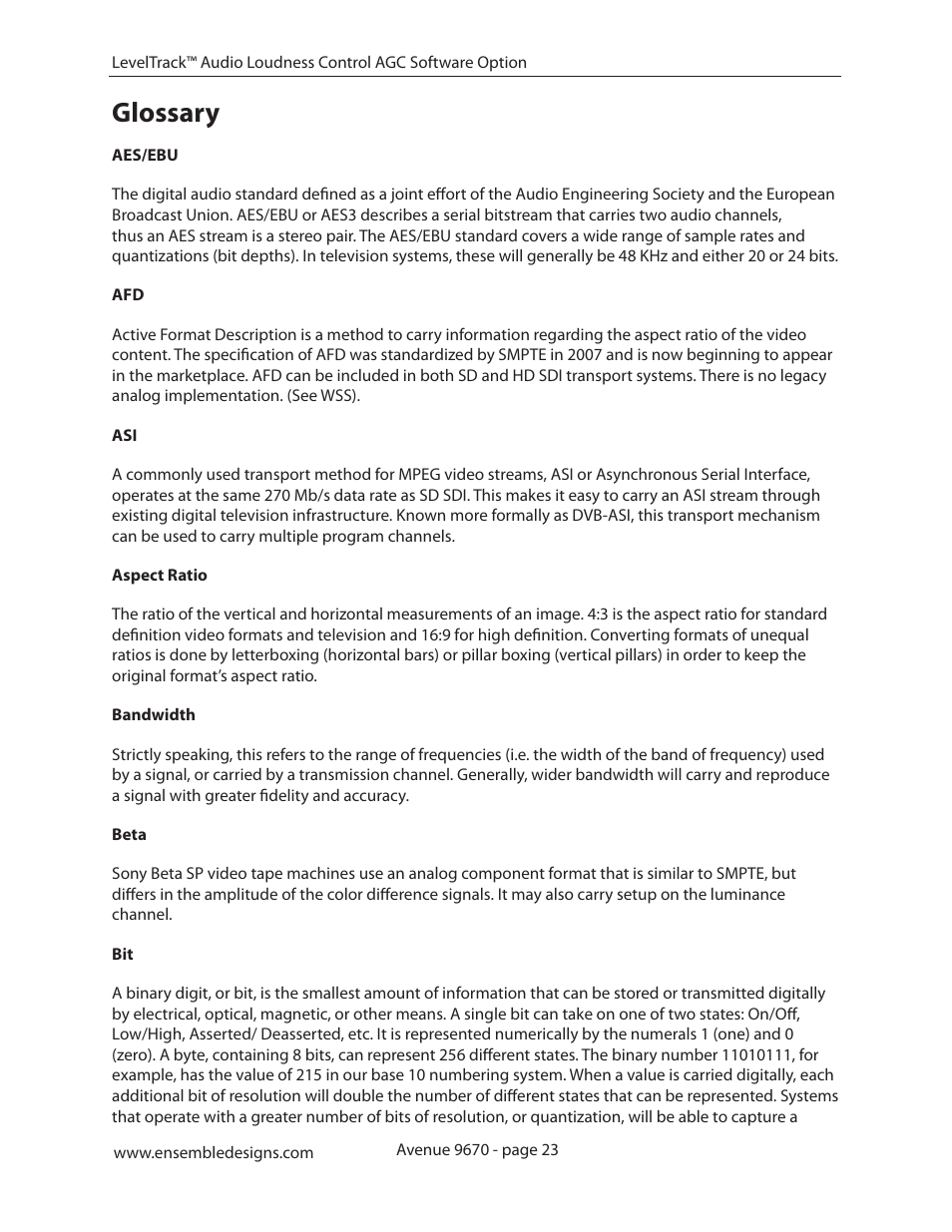 Glossary, Glossary 23 | Ensemble Designs 9670 Audio Automatic Gain and Loudness Control and 9690 Audio Compliance and Monitoring Software User Manual | Page 23 / 32