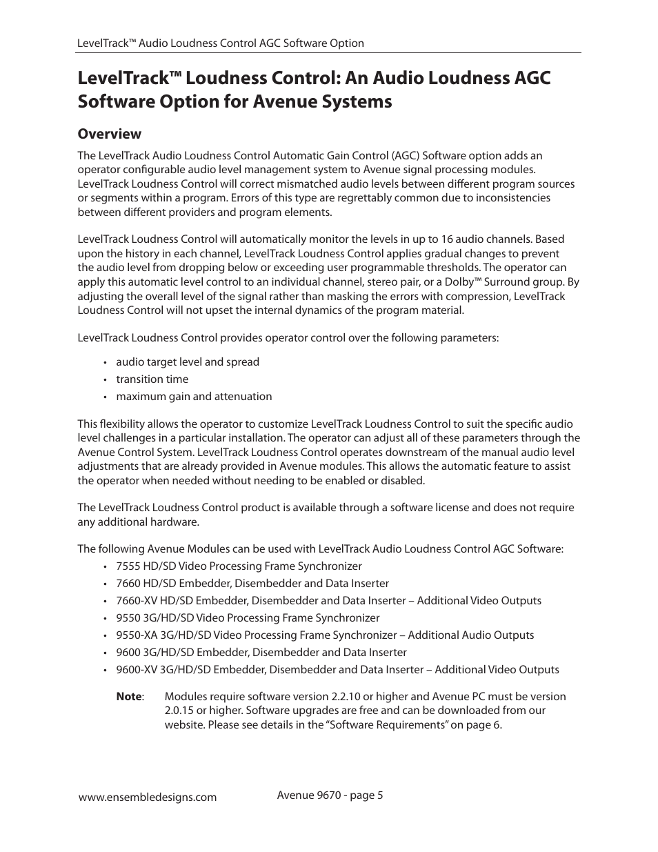 Overview, Overview 5 | Ensemble Designs 9670 Audio Automatic Gain and Loudness Control and 9690 Audio Compliance and Monitoring Software User Manual | Page 5 / 32