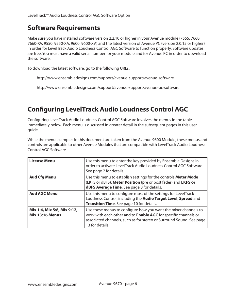 Software requirements, Configuring leveltrack audio loudness control agc | Ensemble Designs 9670 Audio Automatic Gain and Loudness Control and 9690 Audio Compliance and Monitoring Software User Manual | Page 6 / 32