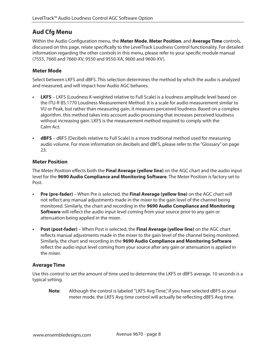 Aud cfg menu, Meter mode, Meter position | Average time | Ensemble Designs 9670 Audio Automatic Gain and Loudness Control and 9690 Audio Compliance and Monitoring Software User Manual | Page 8 / 32