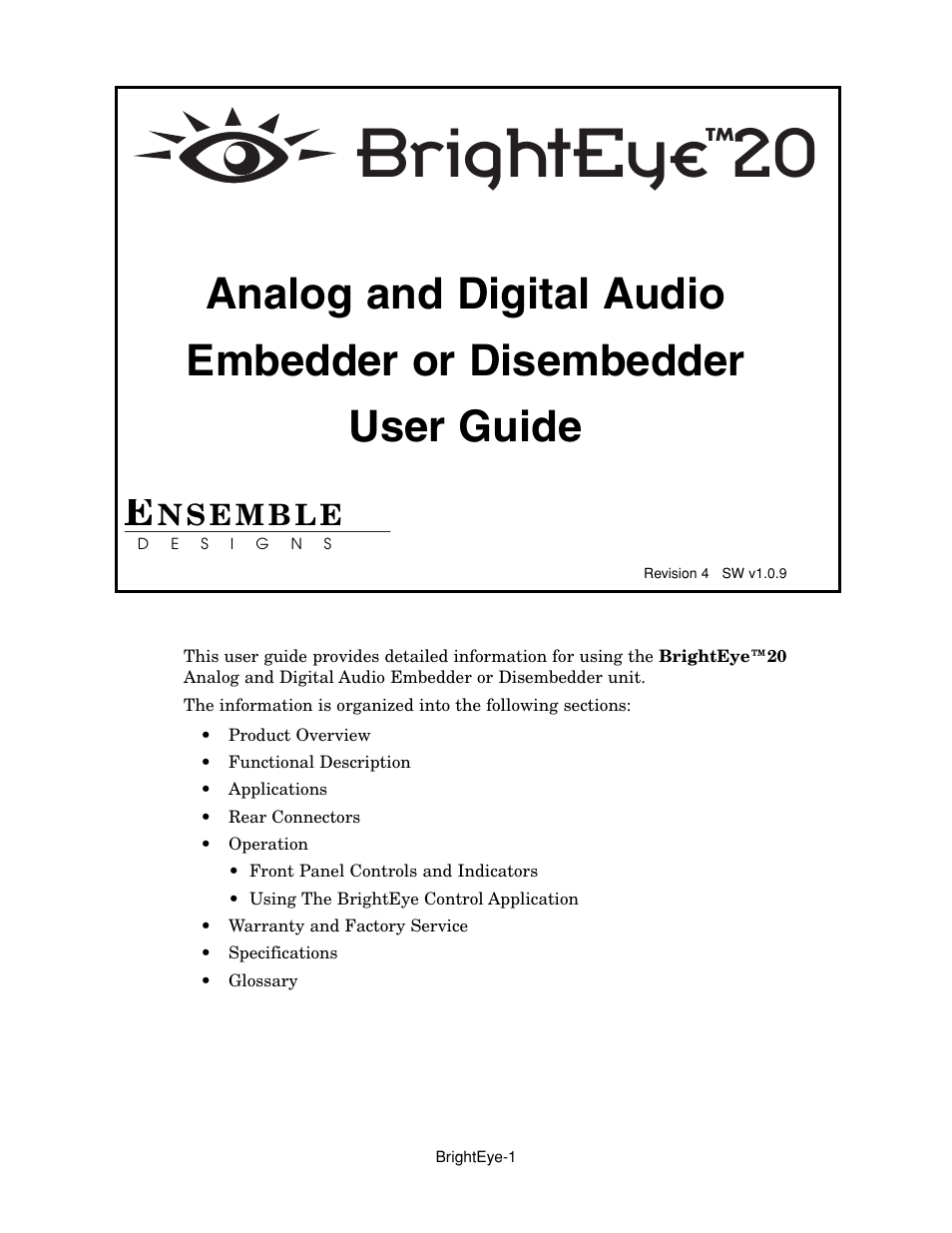Ensemble Designs BrightEye 20 Analog and Digital Audio Embedder or Disembedder User Manual | 21 pages