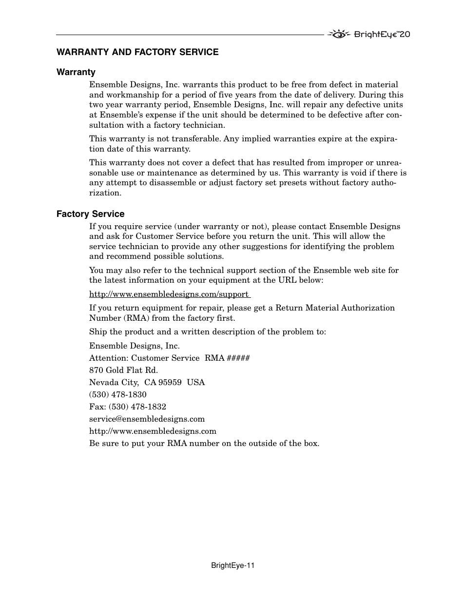 Ensemble Designs BrightEye 20 Analog and Digital Audio Embedder or Disembedder User Manual | Page 11 / 21