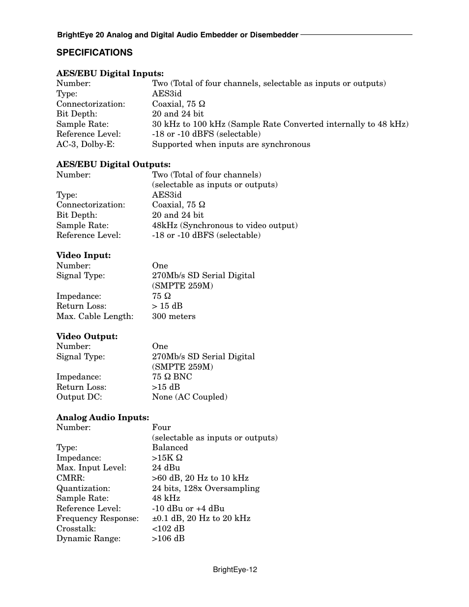 Ensemble Designs BrightEye 20 Analog and Digital Audio Embedder or Disembedder User Manual | Page 12 / 21