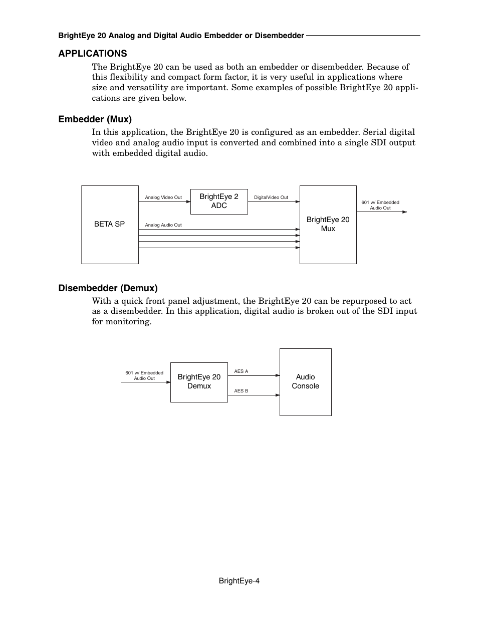 Applications, Embedder (mux), Disembedder (demux) | Ensemble Designs BrightEye 20 Analog and Digital Audio Embedder or Disembedder User Manual | Page 4 / 21