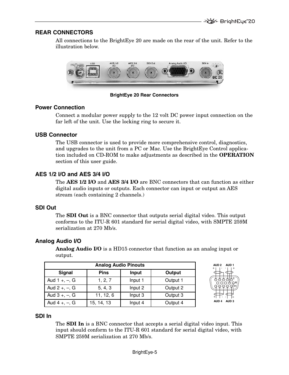 Rear connectors, Power connection, Usb connector | Aes 1/2 i/o and aes 3/4 i/o, Sdi out, Analog audio i/o, Sdi in | Ensemble Designs BrightEye 20 Analog and Digital Audio Embedder or Disembedder User Manual | Page 5 / 21
