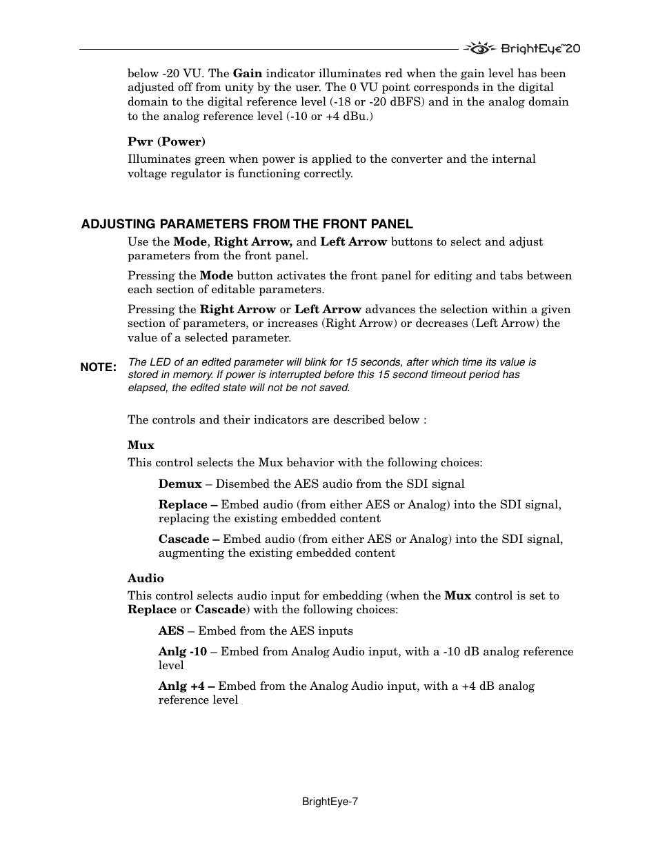 Ensemble Designs BrightEye 20 Analog and Digital Audio Embedder or Disembedder User Manual | Page 7 / 21