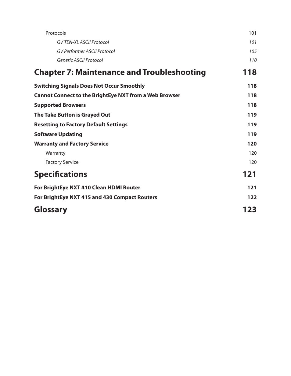Chapter 7: maintenance and troubleshooting 118, Specifications 121, Glossary 123 | Ensemble Designs BrightEye NXT 410 Clean HDMI Router User Manual | Page 10 / 132