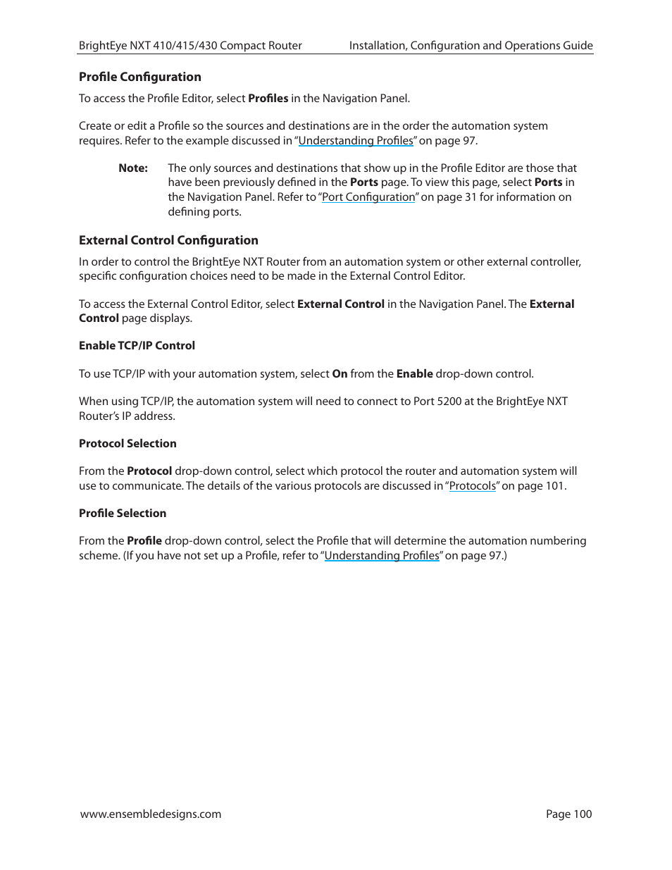 Profile configuration, External control configuration | Ensemble Designs BrightEye NXT 410 Clean HDMI Router User Manual | Page 100 / 132