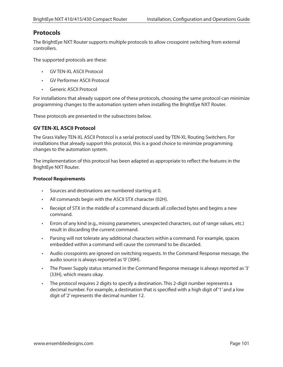 Protocols, Gv ten-xl ascii protocol, Protocols 101 | Ensemble Designs BrightEye NXT 410 Clean HDMI Router User Manual | Page 101 / 132