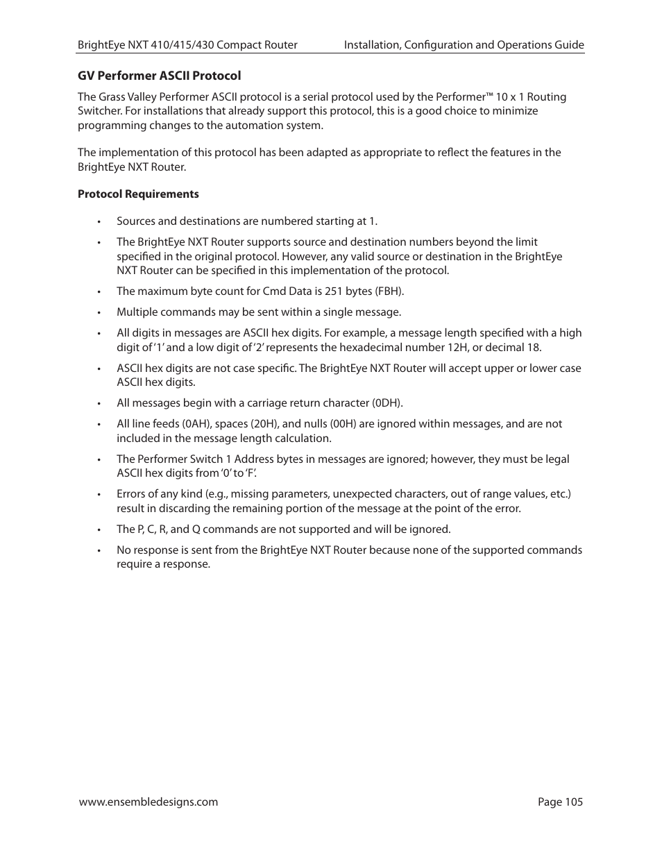 Gv performer ascii protocol | Ensemble Designs BrightEye NXT 410 Clean HDMI Router User Manual | Page 105 / 132