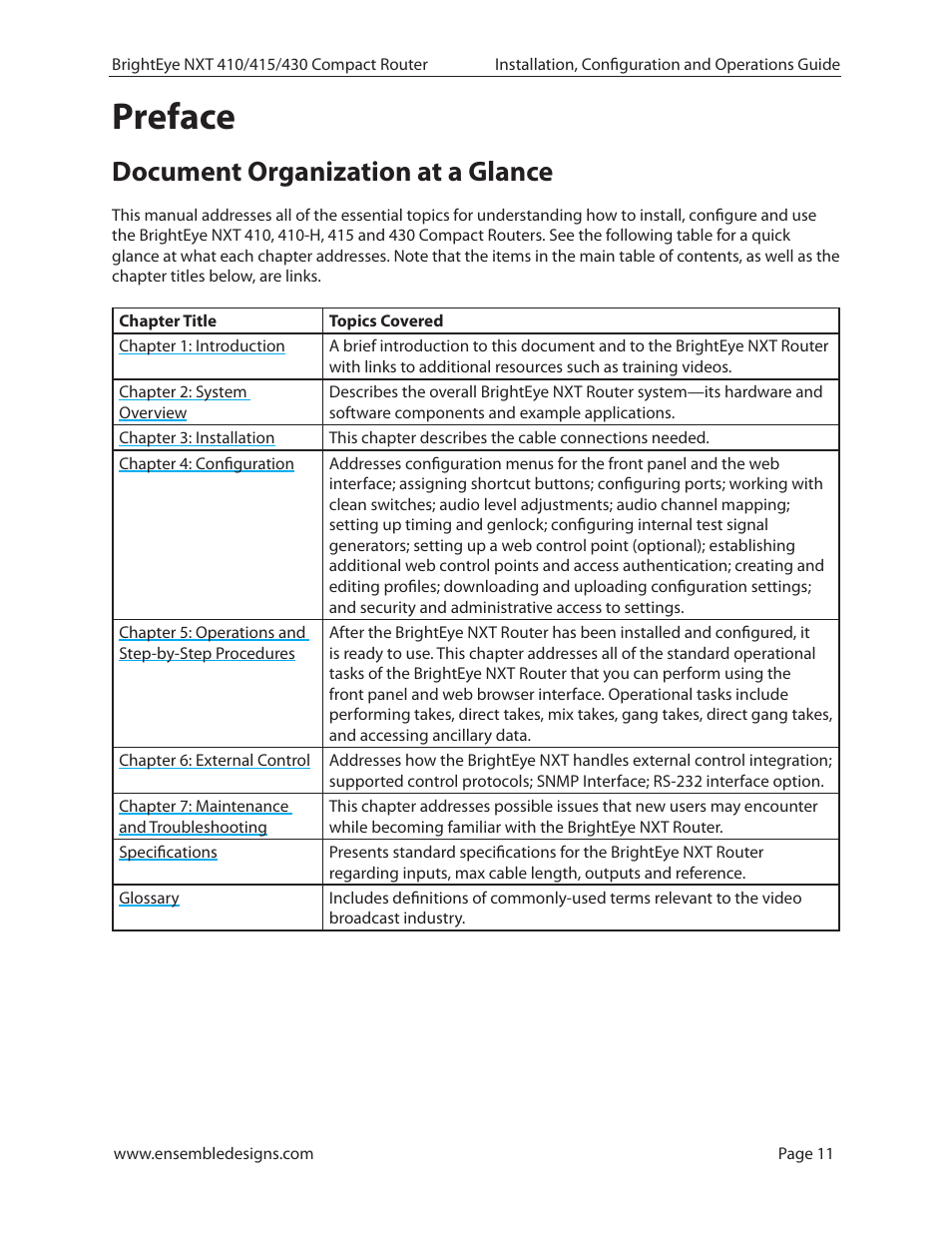 Preface, Document organization at a glance, Preface 11 | Ensemble Designs BrightEye NXT 410 Clean HDMI Router User Manual | Page 11 / 132