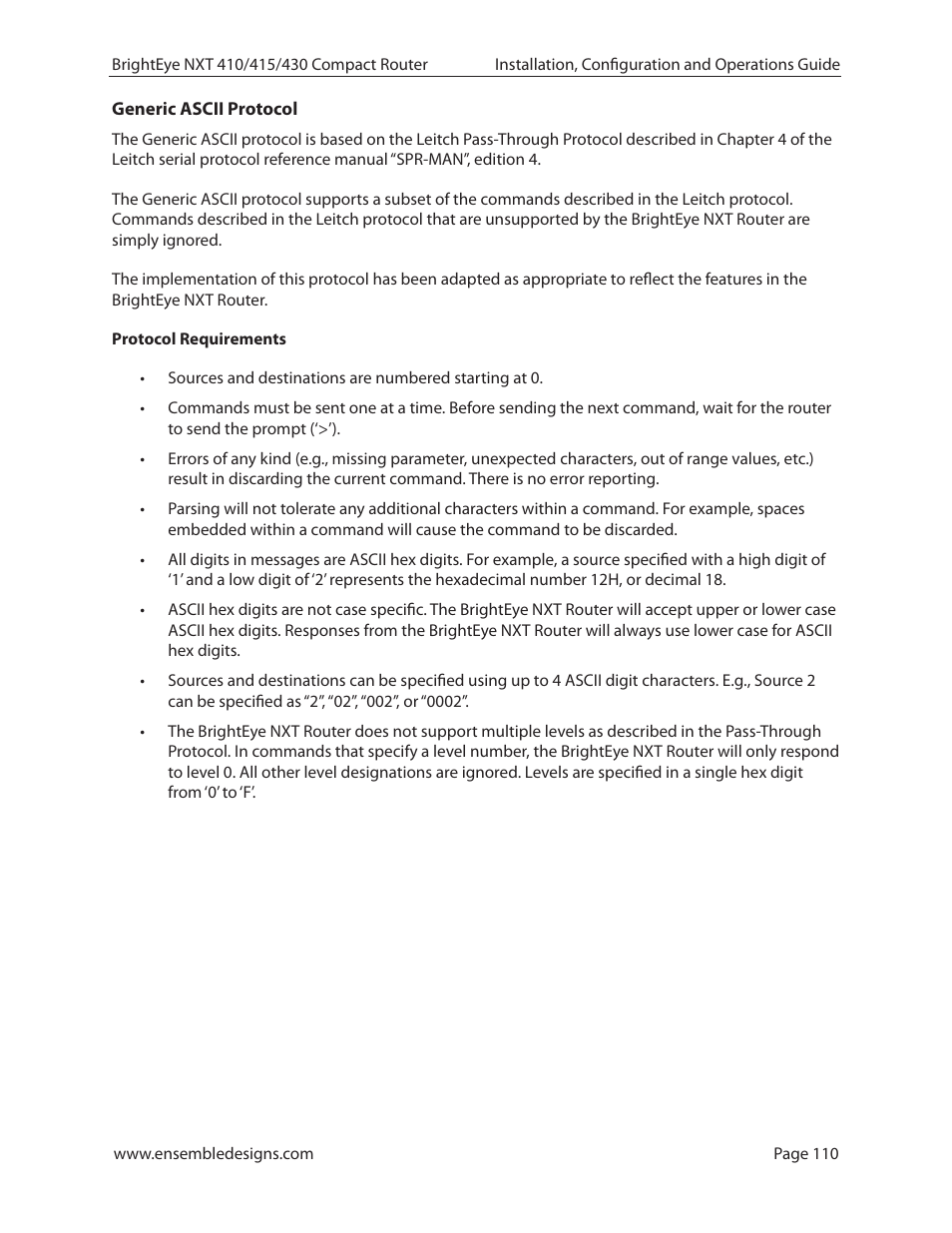 Generic ascii protocol | Ensemble Designs BrightEye NXT 410 Clean HDMI Router User Manual | Page 110 / 132