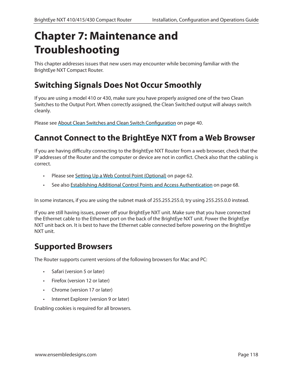 Chapter 7: maintenance and troubleshooting, Switching signals does not occur smoothly, Supported browsers | Ensemble Designs BrightEye NXT 410 Clean HDMI Router User Manual | Page 118 / 132