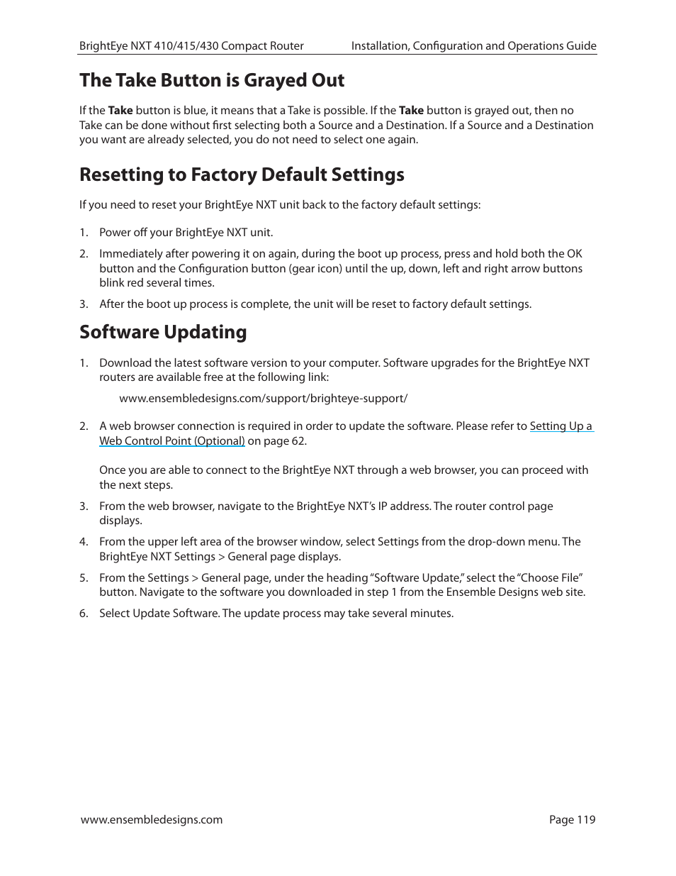 The take button is grayed out, Resetting to factory default settings, Software updating | Ensemble Designs BrightEye NXT 410 Clean HDMI Router User Manual | Page 119 / 132