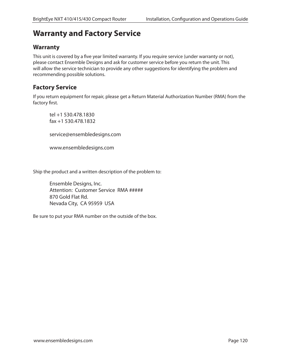 Warranty and factory service, Warranty, Factory service | Warranty 120 | Ensemble Designs BrightEye NXT 410 Clean HDMI Router User Manual | Page 120 / 132