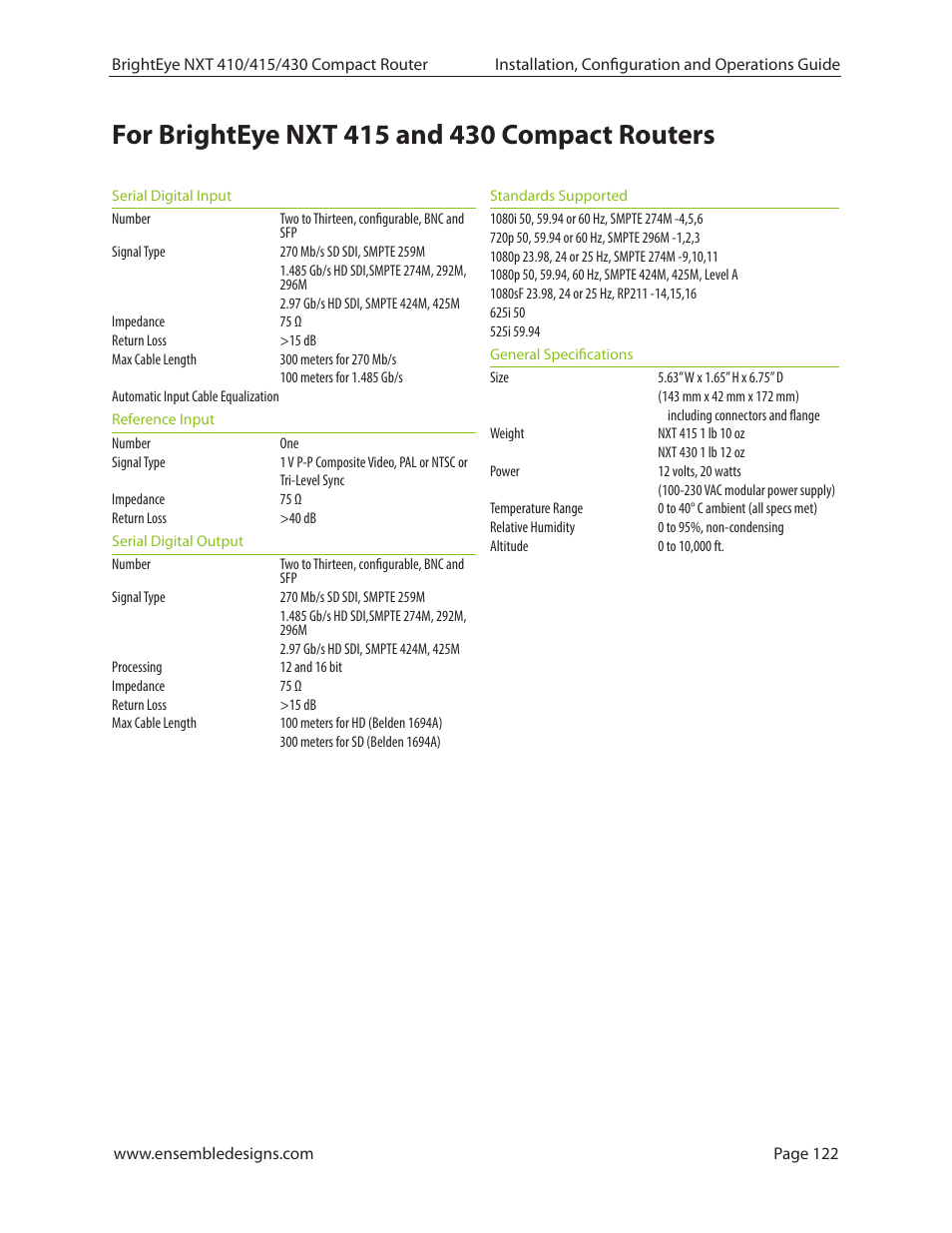 For brighteye nxt 415 and 430 compact routers | Ensemble Designs BrightEye NXT 410 Clean HDMI Router User Manual | Page 122 / 132