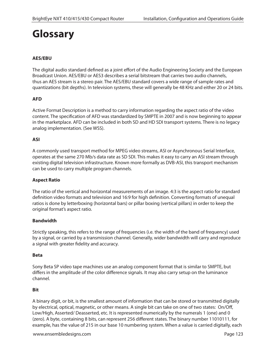 Glossary, Glossary 123 | Ensemble Designs BrightEye NXT 410 Clean HDMI Router User Manual | Page 123 / 132