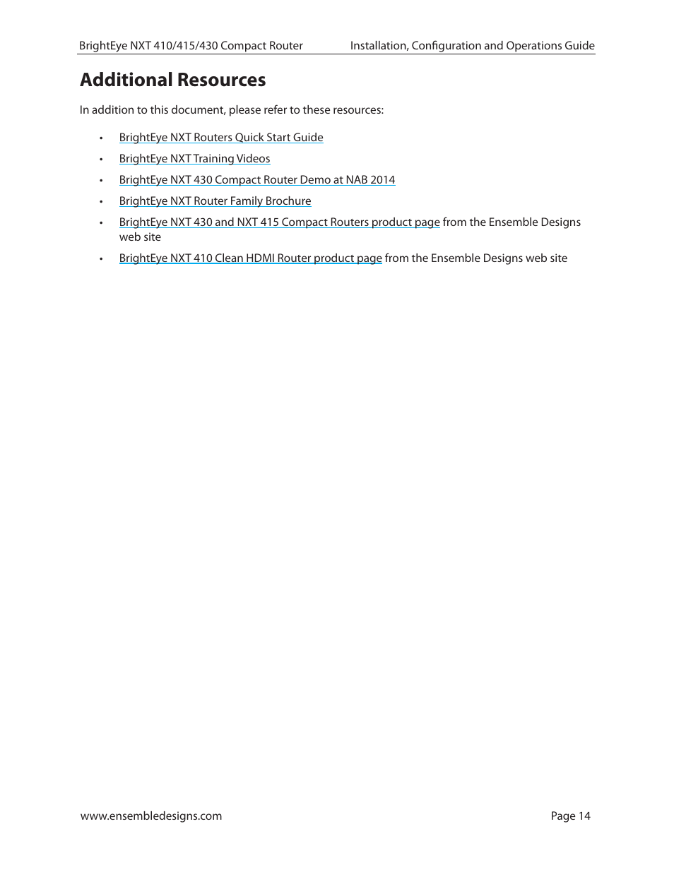 Additional resources | Ensemble Designs BrightEye NXT 410 Clean HDMI Router User Manual | Page 14 / 132