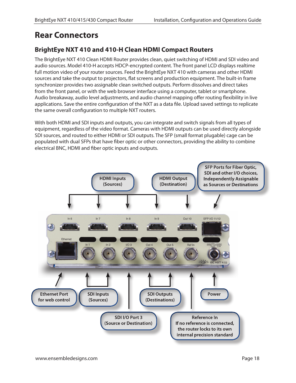 Rear connectors | Ensemble Designs BrightEye NXT 410 Clean HDMI Router User Manual | Page 18 / 132