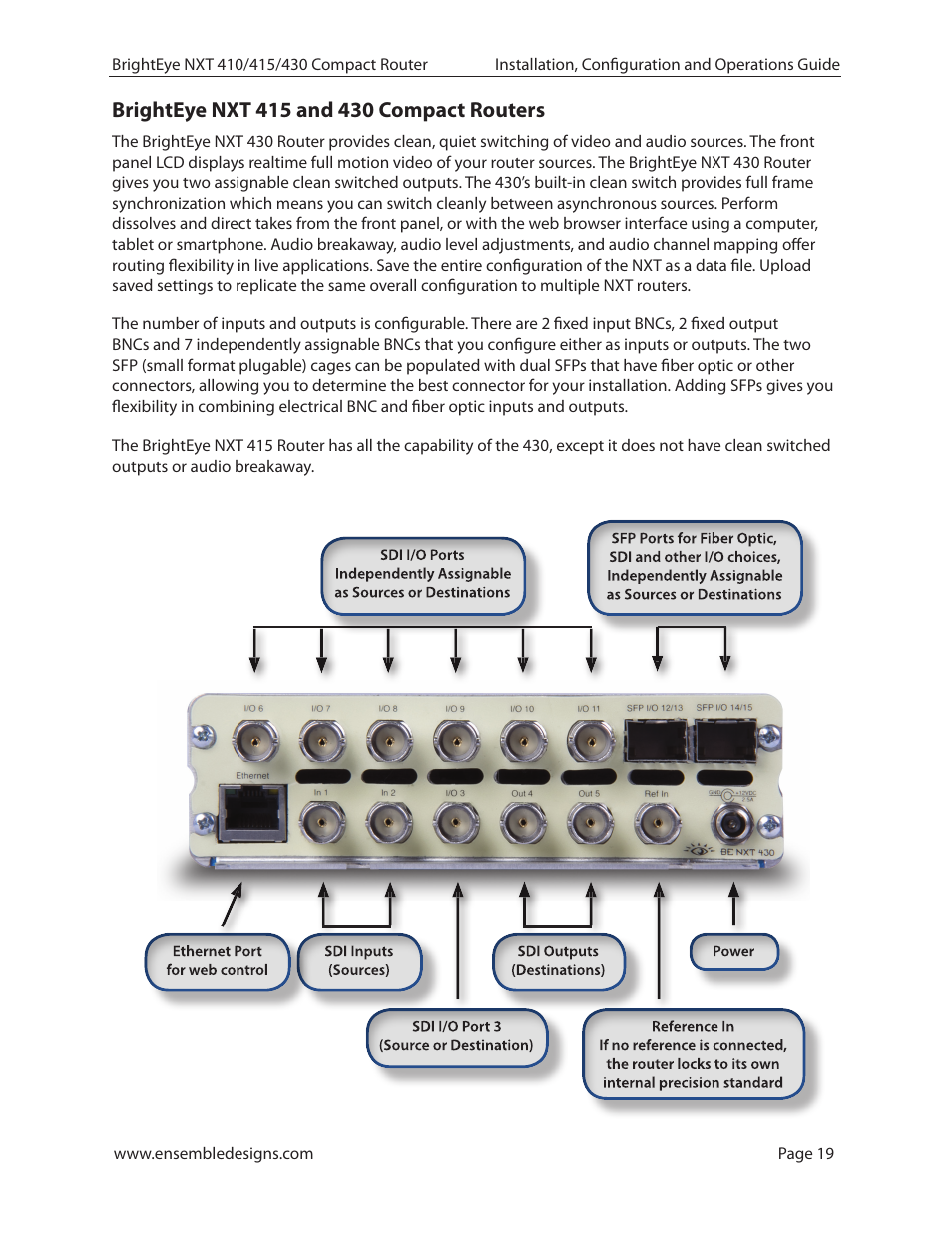 Brighteye nxt 415 and 430 compact routers | Ensemble Designs BrightEye NXT 410 Clean HDMI Router User Manual | Page 19 / 132