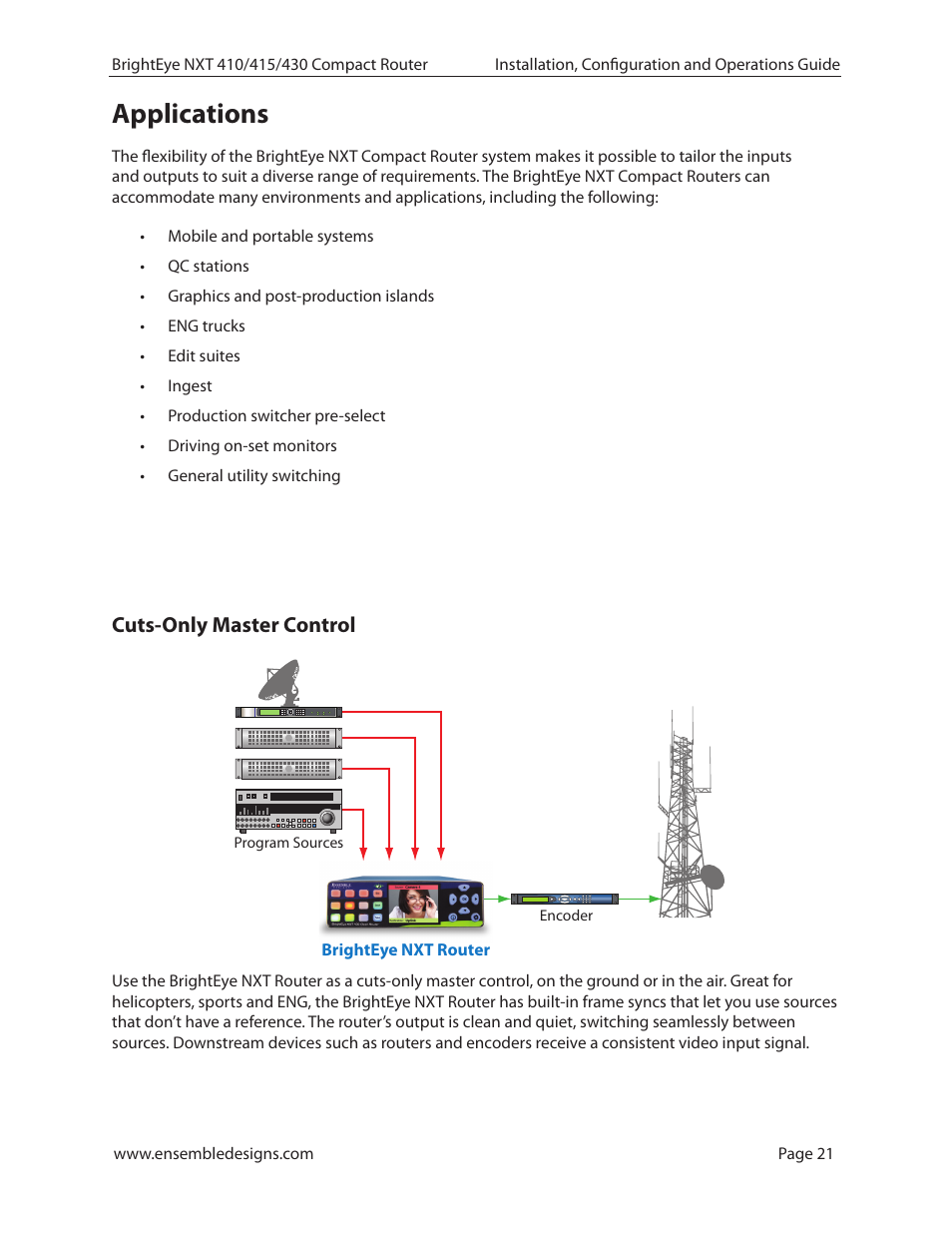 Applications, Cuts-only master control, Applications 21 | Ensemble Designs BrightEye NXT 410 Clean HDMI Router User Manual | Page 21 / 132