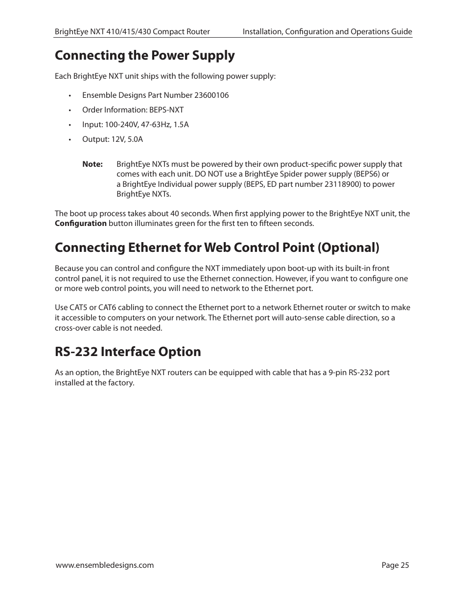 Connecting the power supply, Rs-232 interface option | Ensemble Designs BrightEye NXT 410 Clean HDMI Router User Manual | Page 25 / 132