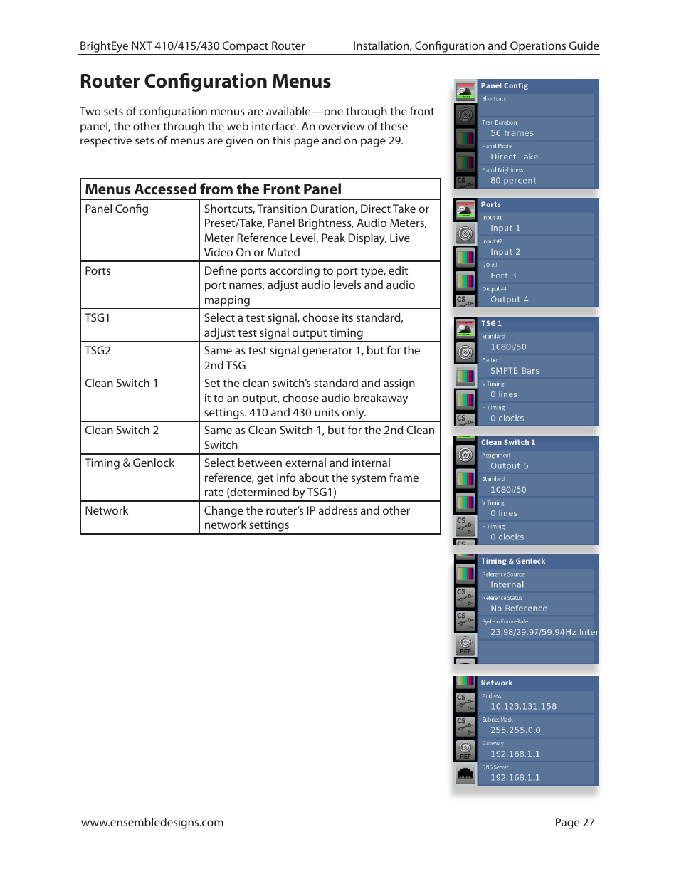 Router configuration menus, Menus accessed from the front panel | Ensemble Designs BrightEye NXT 410 Clean HDMI Router User Manual | Page 27 / 132