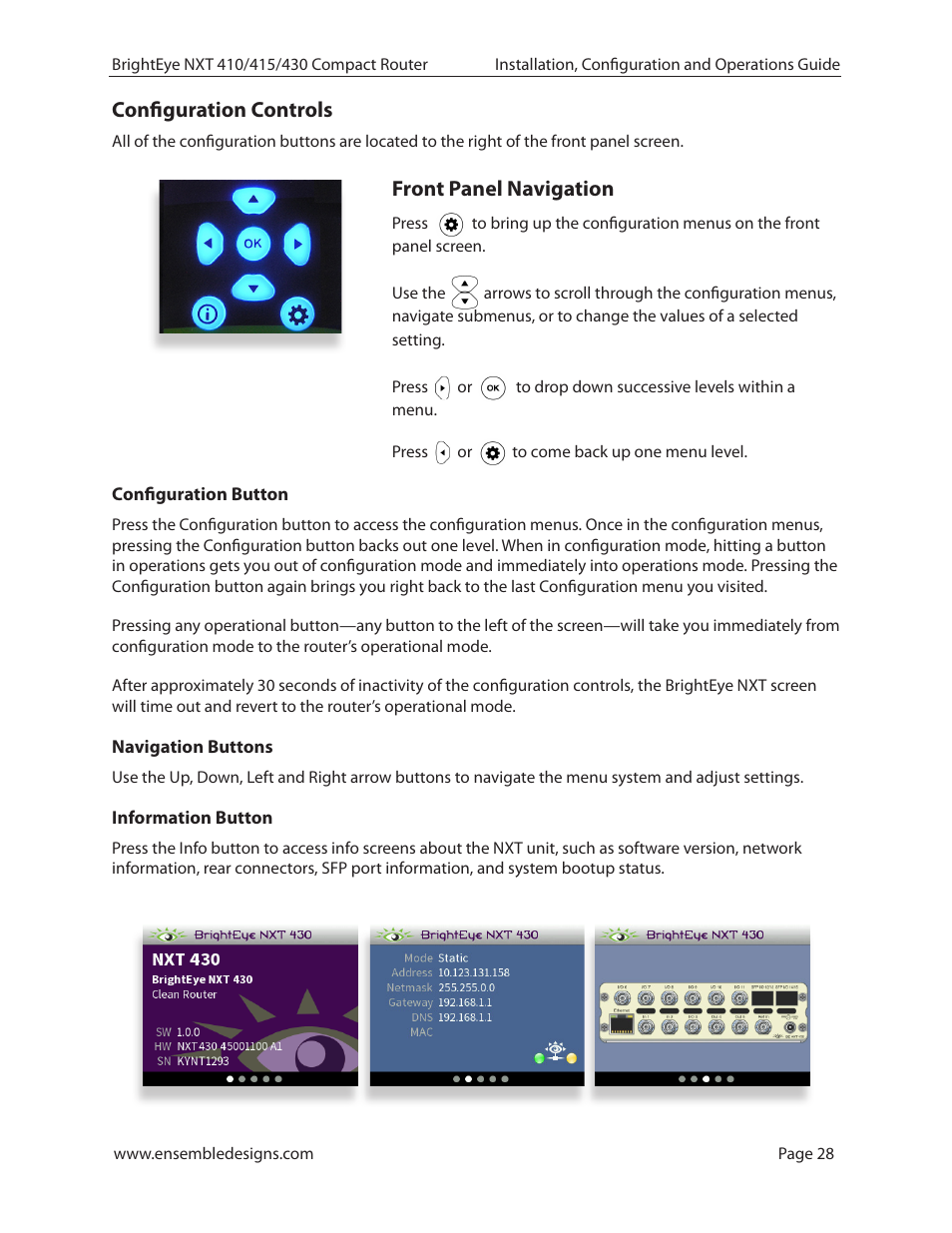 Configuration controls, Configuration button, Navigation buttons | Information button, Front panel navigation | Ensemble Designs BrightEye NXT 410 Clean HDMI Router User Manual | Page 28 / 132