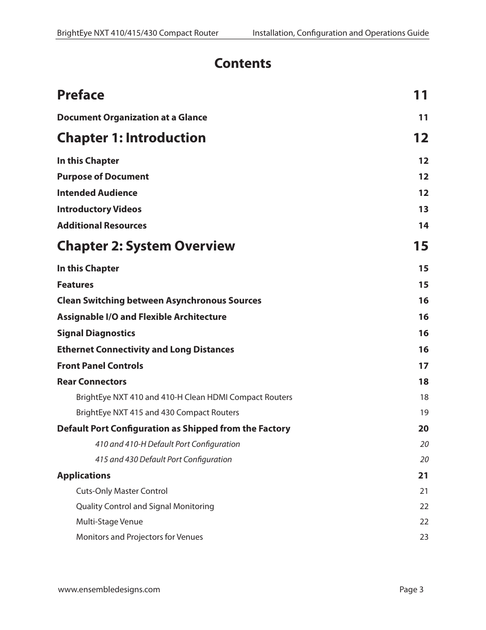 Contents preface 11, Chapter 1: introduction 12, Chapter 2: system overview 15 | Ensemble Designs BrightEye NXT 410 Clean HDMI Router User Manual | Page 3 / 132