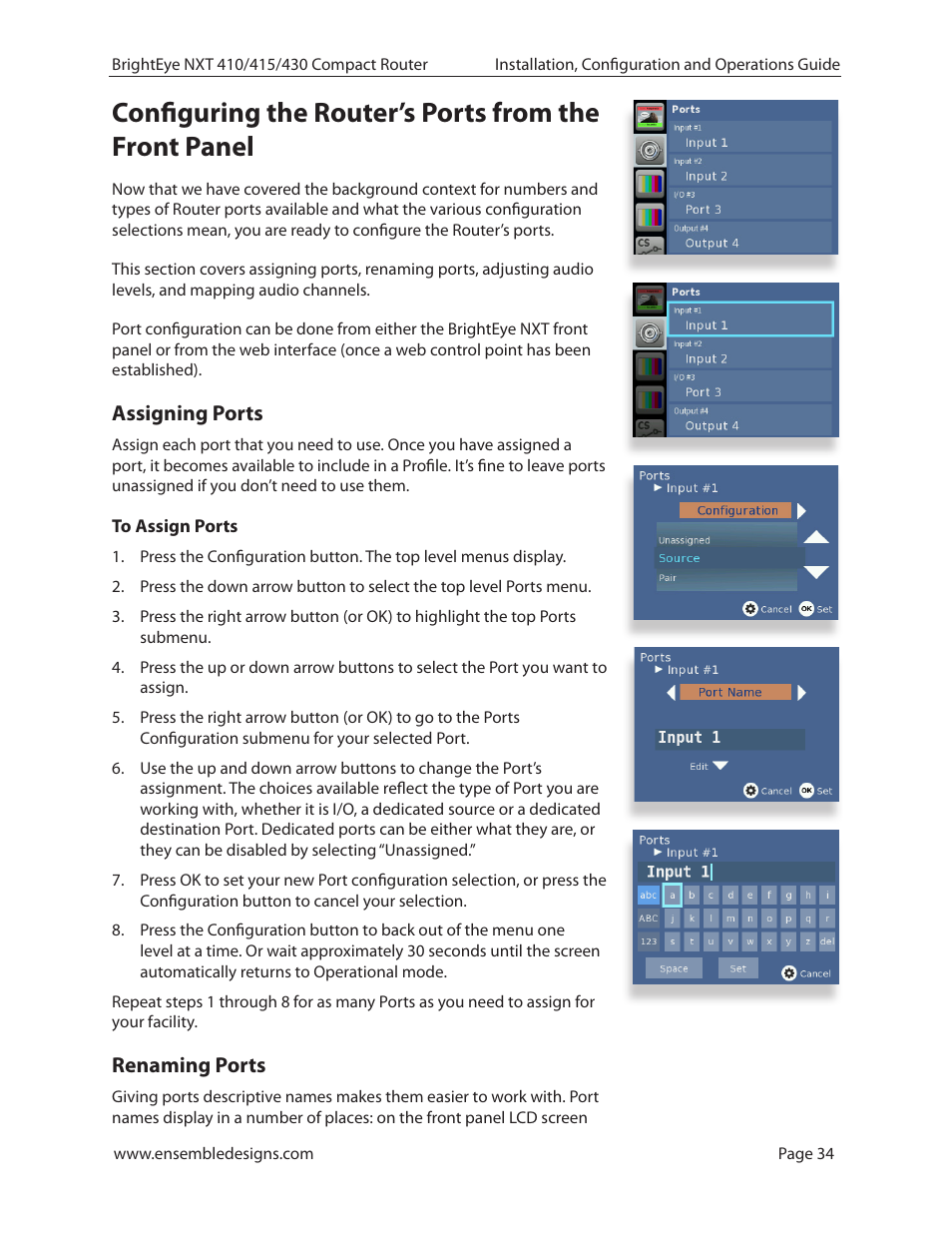 Assigning ports, To assign ports, Renaming ports | Ensemble Designs BrightEye NXT 410 Clean HDMI Router User Manual | Page 34 / 132