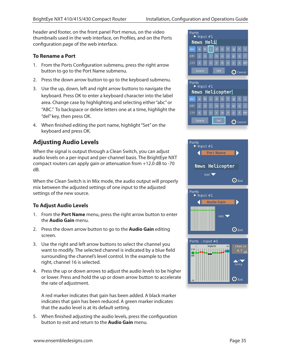 To rename a port, Adjusting audio levels, To adjust audio levels | Ensemble Designs BrightEye NXT 410 Clean HDMI Router User Manual | Page 35 / 132